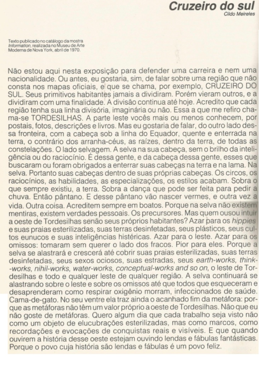 Texto de Cildo Meireles en portugués, con el título "Cruz del Sur". 